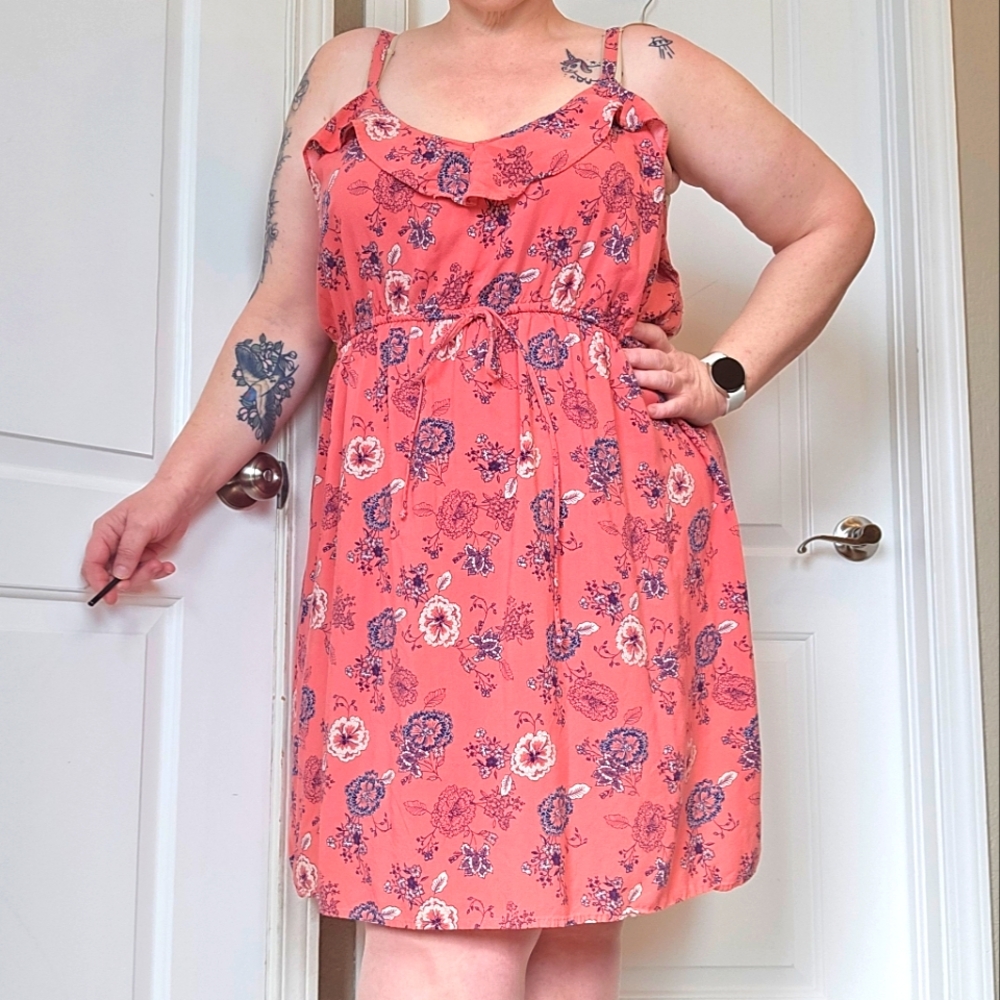 Coral Floral Challis Sundress - Torrid Size 4 - Ruffle Neckline Summer Dress